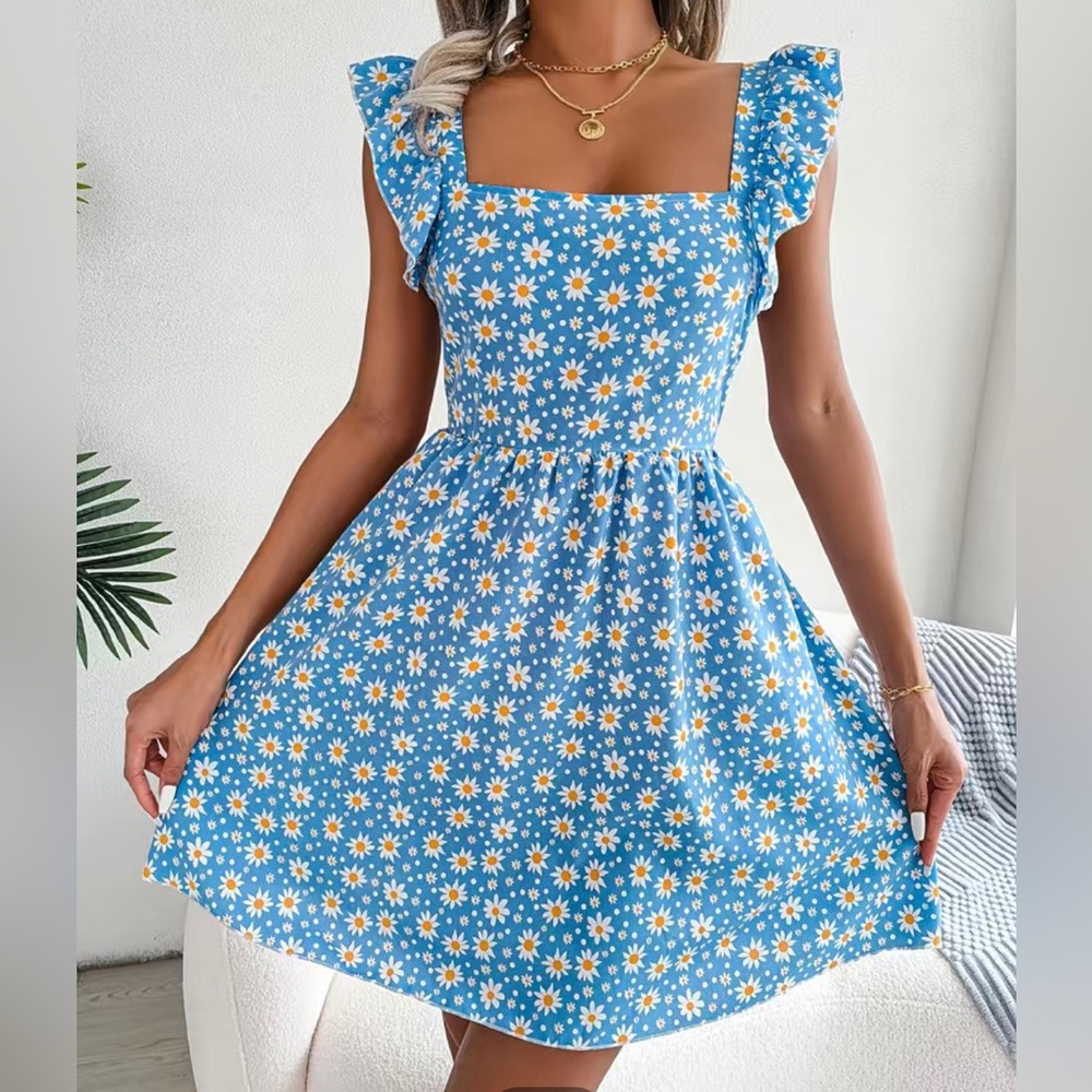 Blue Daisy Print Ruffle Trim Dress Sleeveless Squared Neck Tie Back Dress